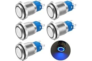 Gebildet 5st 16mm Blå LED-Tryckknapp med Låsfunktion i Metall, Vattentät, 12V-24V/5Amp, 1NO 1NC, PÅ/AV, för 5/8" Monteringshå
