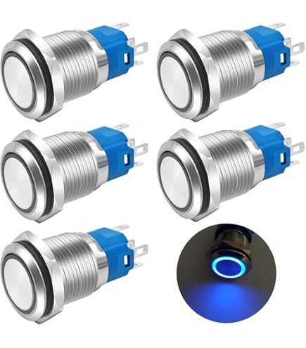 5 pezzi interruttore a pulsante clacson 12V 16MM interruttore a pulsante momentaneo interruttore a clacson for altoparlante for auto moto barca (Color : Blue light with wire, Size : 12V