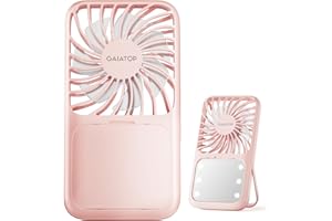 gaiatop Portable Handheld Fan, Folding Stand for Desktop, 3 Speed LED Makeup Mirror with Light, Rechargeable Mini Personal Fans Small Travel Essentials Gifts for Women Girls Pink