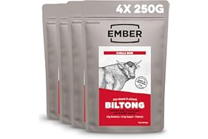 ‎EMBER Ember Snacks - Biltong Beef Jerky (250 g x 4 Chilli) Proteinreich, kalorienarm. Fettarmer, Snack für unterwegs) - hergestellt aus britischem und irischem Rindfleisch - Verpackung kann variieren