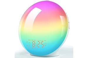 VOGHERB Sunrise Alarm Clock Wake Up Light,Bedside Night Lamp with Sunrise/Sunset Simulation 14 Colors Atmosphere Lamp, Dual Alarms and Snooze Function,Light Alarm with 8 Natural Sounds FM Radio (Yellow)