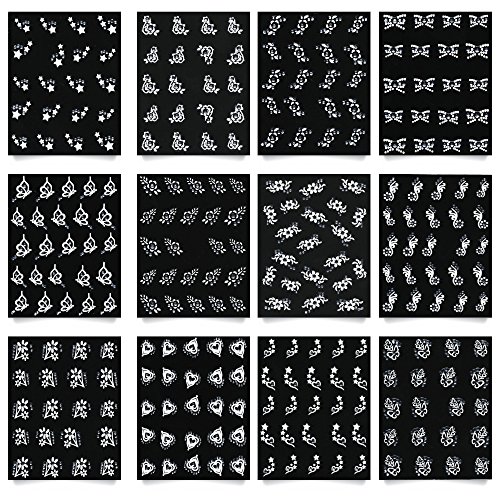 12 Packungen Nail Sticker weiss mit Strass Glitzerpunkten selbstklebend – wunderschöne Motive – Nagelsticker – Nailsticker - 2