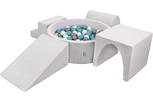 KiddyMoon Foam Playground For Kids With Round Ballpit (200 Balls) Obstacle Course, Lightgrey:Grey/White/Turquoise