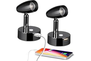 Obeaming 2 x Lámpara de lectura LED 12V, Luz de Lectura Junto a la Cama de pared regulable, para Autocaravana Furgo Barco Van, Equipado Cargador USB&Luz nocturna azul, Negro brillante