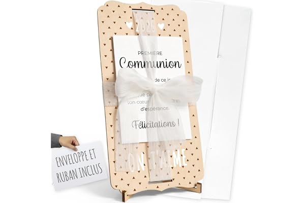 nagu® Communion carte personnalisée en bois – cadeau de première communion pour garçon ou fille, avec ruban, enveloppe, support et lettres, argent ou photo