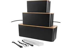 GOYADA 3 Pcs Boîte de Rangement de Câbles, 3 Tailles Boîte Cache Câble Noir, Cache Multiprise Electrique avec Bois Couvercle pour Ranger Câbles et 3 Attache de Cables