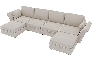 SUPPNEED Sofá seccional suave en forma de U con almacenamiento, empalme casual puede usar sofá doble, reposabrazos plegable de tela de lino, sofá reclinable extra ancho para sala de estar (beige)