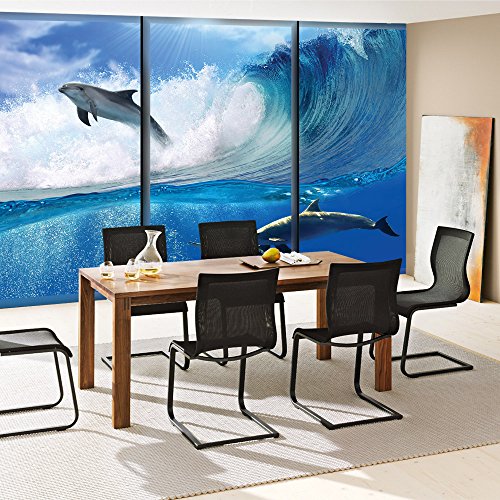 Vlies Fototapete 152.5x104cm PREMIUM PLUS Wand Foto Tapete Wand Bild Vliestapete – Tiere Tapete Delfine Tiere Wasser Meer Welle Sonne Wolken blau – no. 2064 - 7