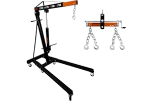 T-MECH Engine Crane 2 Tonne 2000kg & Load Leveller Hoist 900kg Balancer Support Beam Dual Hooks Chain Hydraulic Pump Handle Folding Legs Lift Jack Stand Portable Workshop Garage 4 JIB Positions Automotive