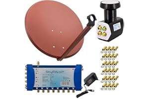 SkyRevolt PremiumX Satelliten-Komplettanlage 100cm Satellitenschüssel Aluminium Rot Multiswitch 5/8 LNB 24x F-Stecker, 1 SAT bis 8 Teilnehmer