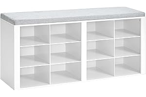 Hzuaneri Shoe Storage Bench with Padded Seat, Shoe Rack Bench with 12 Open Compartments, Adjustable Shelves, Shoes Cabinet with Cushion for Hallway, Living Room, Bedroom, Entryway, White, SB19003GY