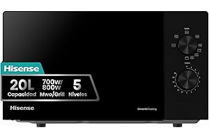 Hisense H20MOBP1G - Microondas con Grill 20 L, 700 W de Potencia, 800W Grill, Revestimiento Cerámico, Cristal Premium, 5 Niveles, Fácil Limpieza, Temporizador cocción, Negro
