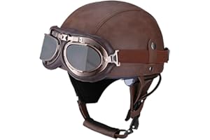 Woljay Vintage Leather Motorcycle Retro Half Helmet Men Women Adult for Scooter Bike Cruiser with Goggles and Drop Down Sun Lens
