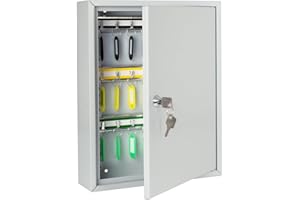 HMF Armadietto Portachiavi, Cassetta portachiavi con barre portaganci regolabili, 35 x 27 x 8 cm | 42 ganci | Grigio Chiaro