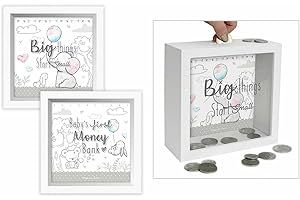 Hugs & Kisses Baby First Money Box Money Bank, Wooden Box with Glass Front, Unisex Randomly Selected