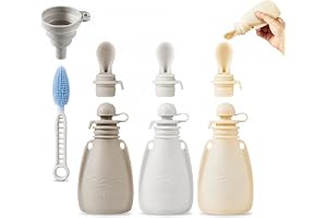 PandaEar Set med 3 återanvändbara silikonflaskor för spädbarn med 3 puréskedar, BPA-fria pressfickor för spädbarn och småbarn, 150 ml (Lätt beige, Nötter och