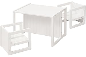 roba Sitzgruppe im Landhausstil für Kinder - 2 Hocker & Kindertisch - Umwandelbar zur Kinderbank - Kindersitzgruppe ab 2 Jahren - Holz weiß