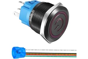 GEBILDET Geblidet Interruttore a Pulsante a scatto in Acciaio Inossidabile da 22mm 12V-24V/5A Simbolo di Alimentazione LED 1NO1NC SPDT Impermeabile con presa a filo Spina (LED rosso/guscio nero)