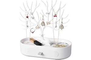 penobon Arbre Porte Bijoux avec Tiroirs, Support Bijoux en Plastique, Deer Présentoir à Bijoux pour Boucles d'Oreilles, Colliers, Bracelets, Montres et Bagues (Blanc)
