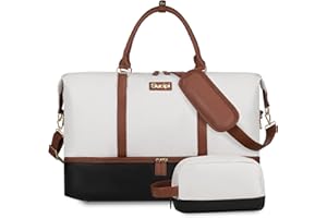 Sucipi Women's Travel Bag, Weekender Large Canvas PU Leather Hand Luggage Hospital Bag with Shoe Compartment with Toiletry Bag, beige / black