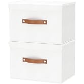 OUTBROS Set of 2 Storage Boxes with Lids 45 x 30 x 30 cm Foldable Fabric Boxes Storage Baskets Organiser for Toys Clothes Books White ST02WL2