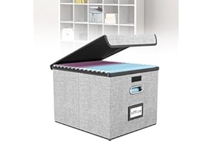 wynott Portable File Organizer Box with Lids Collapsible Storage Bin Linen Hanging Filing Storage Boxes Fabric Bins Document Box with Plastic Slide for File Folders Closet Office, 38x32.3x27.5cm