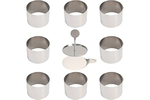 FINDIR 6pcs Coppapasta Tondi Acciaio Inox con 1 presse spatola und 1 Vassoio Anelli per Torta in Acciaio Inossidabile Anelli Dessert Anello per Torte Mousse Torte Dolci e Panini