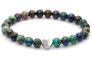 LAKADA Bracelet en azurite véritable pierre précieuse avec perles rondes de 6mm et cœur en acier inoxydable - différentes longueurs - bracelet en pierres précieuses porte-bonheur talisman cadeau