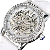 yisuya Frauen Strass Skelett Uhren Edelstahl Steampunk Automatische self-wind Mechanische Armbanduhr mit Weiß Leder für Damen mit Top Qualität Geschenk-Box