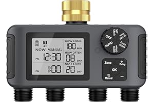 Haozee Ordinateur d'irrigation 4 sorties, minuterie d'arrosage de jardin avec retard de pluie/mode automatique et manuel, IPX5 étanche/grand écran LCD, contrôle de l'arrosage