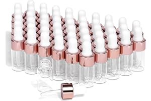 PARFUMLISM Mini flaconi contagocce in vetro, 50 pezzi, con tappo color oro rosa, trasparenti, vuoti, con erogatore contagocce, utilizzati per campioni di profumo, olio per il corpo, liquidi cosmetici (3 ml)