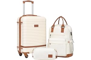 COOLIFE Maleta trolley Maleta Maleta de viaje de ABS rígida, 4 ruedas, cierre TSA El maletín contiene 1 mochila de viaje y 1 neceser, blanco/marrón, Handgepäck-Set 3tlg, Set de viaje, exquisitamente