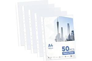 AGOER 50 Pcs A4 Heavy Duty Plastic Punched Pockets, 160 Micron Durable Clear File Binder Poly Pockets, 11 Holes Plastic Wallets for Ring Binder Folders and Document Storage