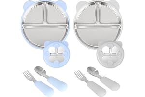 2 sugkoppstallrikar i rostfritt stål, 2 fack, katt | Med 2 skedar och gafflar, perfekt för att separera mat; diskmaskinssäker och praktisk i vardagen.