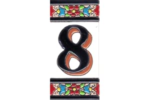 TORO DEL ORO Numéros de maison. Lettres et chiffres en mosaïque. Céramique émaillée, technique de corde sèche peinte à la main. Noms et adresses. Blue Arch Design 5,5x10,5 cm (numéro huit "8")