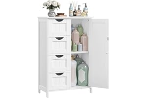 VASAGLE Bathroom Floor Storage Cabinet, Wooden Storage Unit with 4 Drawers, Single Door, Adjustable Shelf, for Living Room, Kitchen, Entryway, White LHC41W