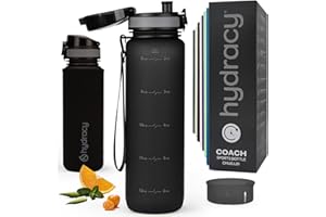 Hydracy Botella de Agua con Marcador de Tiempo - 1 L Botella de Agua Deportiva sin BPA - Botella de Gimnasio Antifugas con Funda Antitranspirante e Colador de Infusión