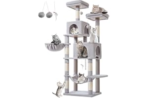Taoqimiao Alberi Tiragraffi, 170cm Stabile Multilivello Albero per Gatti con 2 Grotte, 1 Cestini, 7 Pali Graffiatoi, 2 piattaforme, Amaca, Materiale di Flanella Morbida, Grigio Chiaro