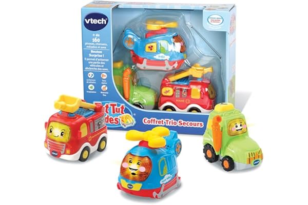 VTech - Tut Tut Bolides, Coffret Trio Secours, 3 Voitures Interactives, Camion de Pompiers, Tracteur et Hélicoptère, Jouet Musical et Sonore, Cadeau Enfant de 1 an à 5 Ans - Contenu en Français