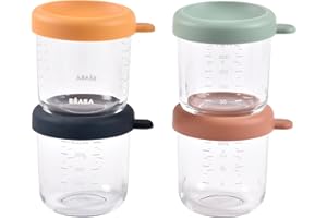 BÉABA, Zestaw 4 porcji szklanki do przechowywania posiłków dla niemowląt/ekstra wytrzymałe szkło, 100% hermetyczne, odporne na ciepło na zimno, zamrażanie, sterylizacja, stopniowanie, 250 ml, wschód