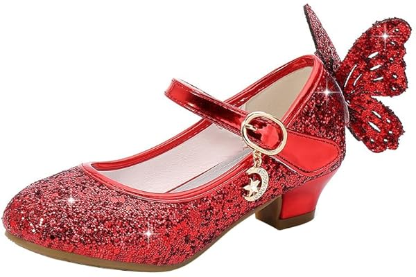 Eleasica Fille Haute Qualité Chaussures de Princesse Reine des Neiges Elsa Anna Talon Haut Paillettes Déguisement Argenté Bleu Rose Doux Halloween Noël Anniversaire Carnaval Cosplay,Rouge,25 EU