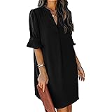 ANFTFH Frauen V-Ausschnitt Halbarm Hemdkleid Elegant Sommer Casual Einfarbig Kurzes Kleid Midikleid Freizeitkleider Mode Dres