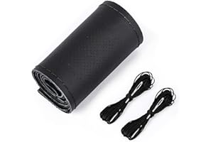 ZATOOTO Skórzany pokrowiec na kierownicę samochodową, "zrób to sam", z igłą i nitką, antypoślizgowy i miękki, uniwersalny rozmiar 37-38 cm, czarny