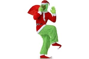 Ulikey Monstruo Verde Disfraz Papa Noel Adulto, 10 Pcs Disfraces de Verde Navidad de Lujo para Adultos, Navidad Adulto Verde Peludo Trajes de Papá Noel
