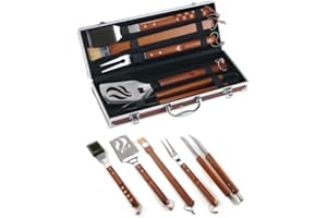Ompagrill Set Kit Accessori 5 pz griglia Barbecue BBQ Attrezzi Inox Legno con Valigetta