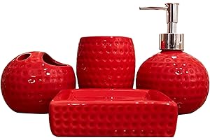 NASSMOSSE 4Pcs Red Bathroom Set, Ceramic Red Bathroom Accessories Includes Toothbrush Holder, Tumbler, Lotion Dispenser, Soap Dish for Christmas Bathroom Decor, Gift