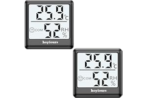 hoyiours termometr z higrometrem, cyfrowy termohigrometr z dużym ekranem LCD, wskaźnik Smiley, szybkie odświeżanie 3s, mini monitor wilgotności powietrza, do biura, szkoły, szklarni, 2 szt. czarny
