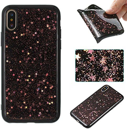 CUSKING iPhone X Case iPhone 10 Case, Luxury Glitter Bling Sparkle Soft Silicone TPU Bumper Case Full Protective Shockproof Case with Stars Pattern Design for Apple iPhone X / 10 – Black + Pink