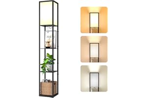OMDEKOR Lampa podłogowa z drewnianą półką, lampa podłogowa z 3 temperaturami barwowymi E27 (3000 K-5000 K) lampa, 1,62 m lampa podłogowa z abażurem, nowoczesna lampa podłogowa z 3 drewnianymi półkami do