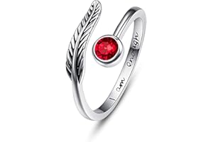 PRAYMOS Birthstone Adjustable Open Feather Ring 925 Sterling Silver Birth Stone Ring Jewelry Gift Birthday Gift for Mom Women Wife Girls (B-ruby ring)